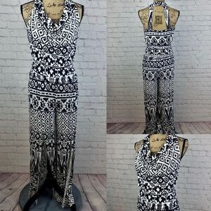 CATO Black/white Print Cowl Neck Ruch Waist Open Back Split Legs Jumpsuit